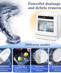 Compact Portable Countertop Dishwasher With Built In Five Liter Water Tank And Simple Snap Faucet Adapter showing wash modes.