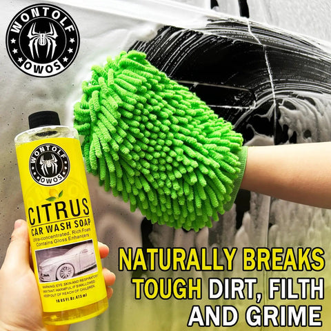 Complete All In One Car Wash And Detailing Kit With Soap Interior Cleaner Wheel Cleaner Wheel Brush Drying Towel And More For Cars Trucks SUVs And RVs A Great Gift For Car Lovers And DIY Detailing Fans, green microfiber mitt washing car