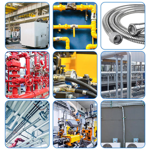 Industrial plumbing systems with pipes and valves for gas and water distribution.