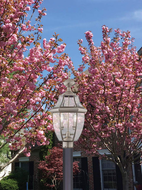 Monterey Two Light Outdoor Post Head Light In Brushed Nickel Finish With Solid Brass Construction And Clear Beveled Glass Classic Outdoor Lantern Built To Last For Porch Path Or Garden among cherry blossoms