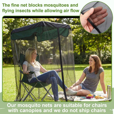 63 Inch Mosquito Net Cover For Canopy Chair With Waterproof Roof And Opening Zipper Heavy Duty Bug Barrier Mesh For Fishing Camping Outdoor Chairs Excludes Chair Fits Most Single Person Canopies, shown installed on a chair outdoors.