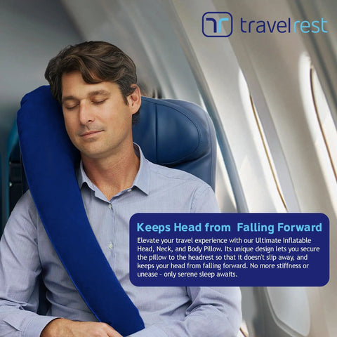 Man sleeping on a plane using Ultimate Travel Neck And Body Pillow with memory foam and velour cover, blue, straps to seat.