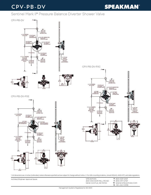 Diagram showing Sentinel Mark II Pressure Balancing Diverter Shower Valve With Crimp Inlet Connections and dimensions.