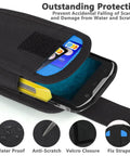 Rugged Scanner Holster Case For Handheld Barcode Scanners With Metal Belt Clip And Pen Holder, Black Blue, close-up view