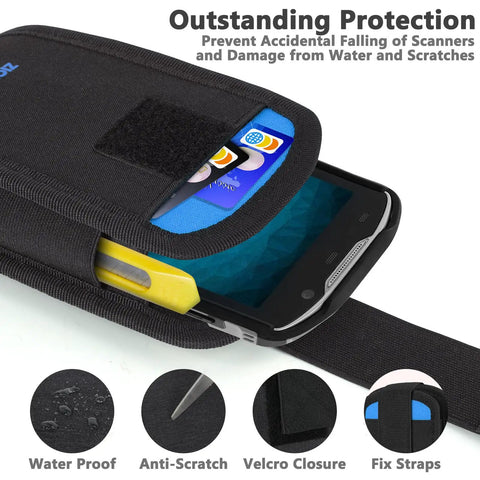 Rugged Scanner Holster Case For Handheld Barcode Scanners With Metal Belt Clip And Pen Holder, Black Blue, close-up view