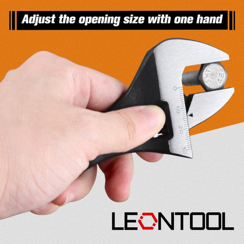 Hand holding 8 Inch Adjustable Spud Wrench With Black Oxide Finish Dual SAE And Metric Scale Up To 30mm Nuts And Bolts