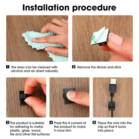 Installation steps for 100 Pieces Adhesive Cable Clips For Wall Under Desk Car Office And Home, strong stick-on wire holders.
