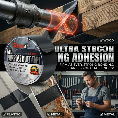 Heavy Duty Black Duct Tape With Tear By Hand And No Residue Adhesive Industrial Strength Waterproof All Purpose Tape For Moving Outdoor Repair And Home DIY 2 Inch By 20 Yards Grab And Go Tough As Nails next to a man applying tape on metal, wood, and plastic surfaces