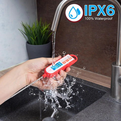 Digital Meat Thermometer With Instant Read In 1 To 2 Seconds Waterproof Food Thermometer With A 5.1 Inch Extra Long Probe being washed