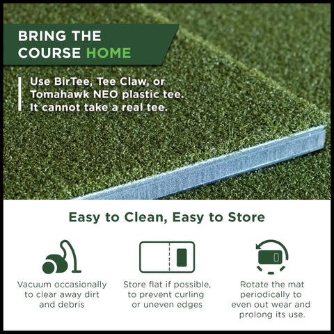 Indoor Golf Hitting Strip Pro Grade Replaceable Mat With Realistic Fairway Feel Teeline Turf That Feels Like Grass Joint Friendly And Durable For Home Practice showing maintenance instructions.