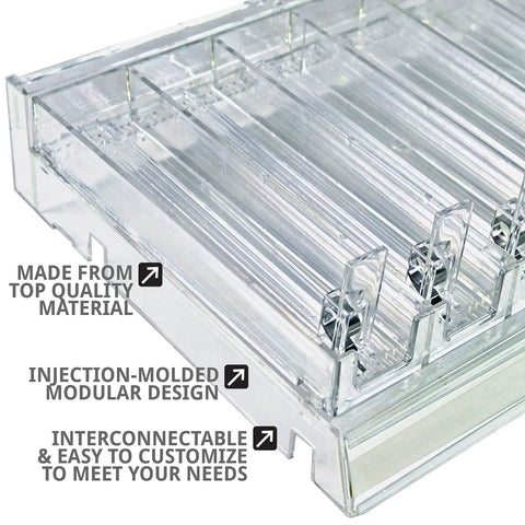 Clear 6 Compartment Cosmetic Tray Kit With Pushers, 2-Pack, Divider Bins For Makeup Organization, modular design close-up.
