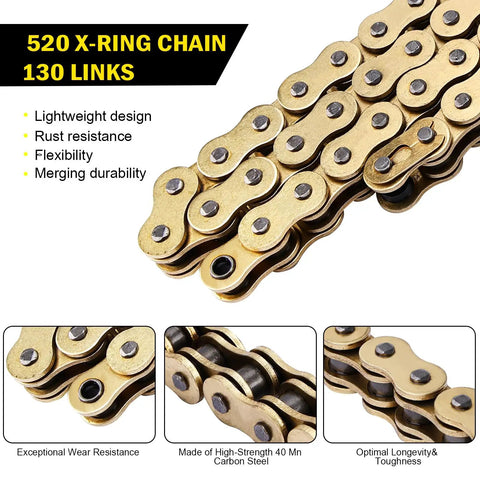 Close-up of 520 X Ring Drive Chain 130 Links With Master Link for motorcycle, go-karts, mini trail bikes, and bicycle, showcasing durability.
