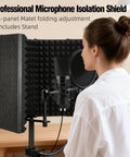 Person using Microphone Isolation Shield With Foam Panel And Pop Filter Foldable Tripod Stand in home studio setting.