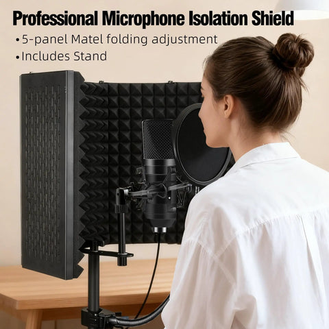 Person using Microphone Isolation Shield With Foam Panel And Pop Filter Foldable Tripod Stand in home studio setting.