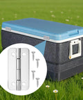 Two Sets Of Premium Stainless Steel Cooler Hinges And Screws For Ice Chests Beefy Heavy Duty Replacement Hardware Includes 2 Hinges And 8 Rust Resistant Screws For Quick Easy Install shown with ice chest and screws inset.