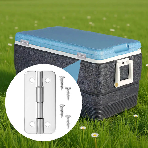 Two Sets Of Premium Stainless Steel Cooler Hinges And Screws For Ice Chests Beefy Heavy Duty Replacement Hardware Includes 2 Hinges And 8 Rust Resistant Screws For Quick Easy Install shown with ice chest and screws inset.