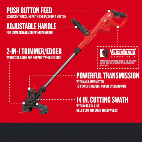 Corded 6.5 Amp String Trimmer With 14 Inch Cutting Width Push Button Line Feed 0.065 Inch Line For Easy Edging And Thick Overgrowth Cleanup A Versatile Weed Wacker For Lawn Care And Yard Work with adjustable handle and edge guide, red trimmer with black trimming head