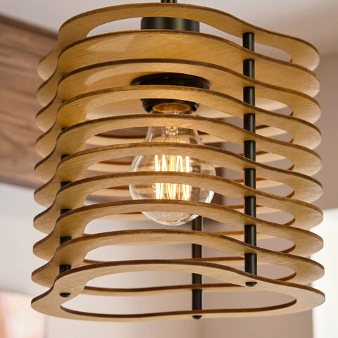 Close-up of milaruoro Farmhouse Pendant Light Fixture, 3 Light Black Wood Pendant Lighting, 17.7" Wooden Chandelier with natural wood shade.
