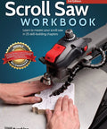 Scroll Saw Workbook Third Edition Top Shelf Beginner Guide showing saw in use on wood, illustrating step by step patterns.