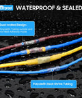 Close-up of waterproof sealed connectors from 500-Piece Heavy-Duty Heat Shrink Wire Connectors Kit With 2-In-1 Electrical Terminal Set.