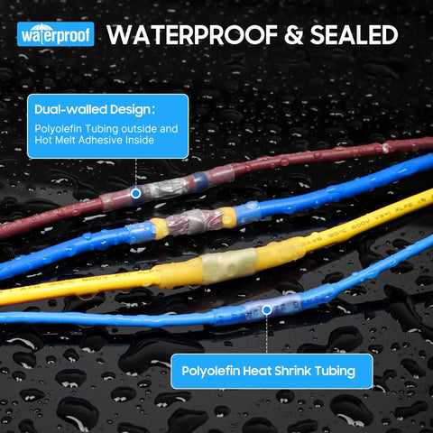 Close-up of waterproof sealed connectors from 500-Piece Heavy-Duty Heat Shrink Wire Connectors Kit With 2-In-1 Electrical Terminal Set.