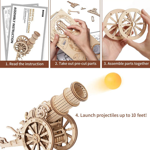 3D Wooden Puzzle Catapult Kit For Adults And Teens, DIY STEM Model Building Toy, Educational Wooden Cannon Project That Fires Ping Pong Balls, Hands On Mechanical Challenge For Fun And Learning, assembled wooden catapult firing ball