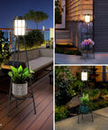 2 Pack Solar Floor Lamps With Plant Stands For Outdoors, illuminated on patio at night, showing waterproof garden lights.