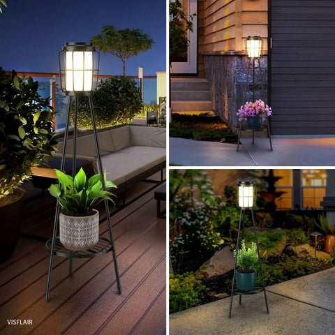 2 Pack Solar Floor Lamps With Plant Stands For Outdoors, illuminated on patio at night, showing waterproof garden lights.
