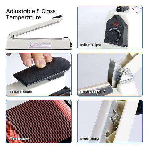 No Fuss Plug And Play Impulse Heat Sealer Featuring 8 Inch Seal Bar Heavy Duty bag sealing machine controls, handle, and heating element.