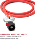 Low Pressure Propane Regulator And 6 Foot Hose Connection Kit For LP LPG Grills Heaters And Fire Pits Ready To Use Five Eighth Inch Unf Outlet 150 Cm Hose Brown Great For Outdoor Grilling Camping Patio And Backyard Barbecues, red hose and brass fitting