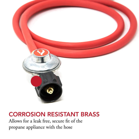 Low Pressure Propane Regulator And 6 Foot Hose Connection Kit For LP LPG Grills Heaters And Fire Pits Ready To Use Five Eighth Inch Unf Outlet 150 Cm Hose Brown Great For Outdoor Grilling Camping Patio And Backyard Barbecues, red hose and brass fitting