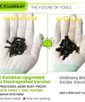 Comparison of K Kwokker zinc electroplated screws and ordinary black oxide screws in gloved hands, highlighting rust-proof features.