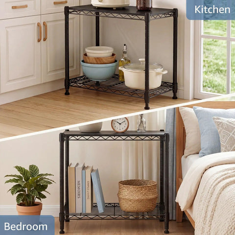 Beefy 2 Tier Metal Wire Storage Shelves With Adjustable Racks Holds Up To 200 Lbs Per Shelf Black Steel Organizer in kitchen and bedroom