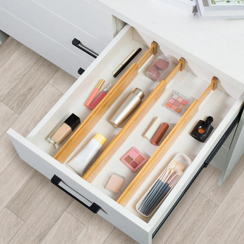 Premium Expandable Bamboo Drawer Dividers six pack organizing makeup in a drawer, dimensions 16 to 22 inches.