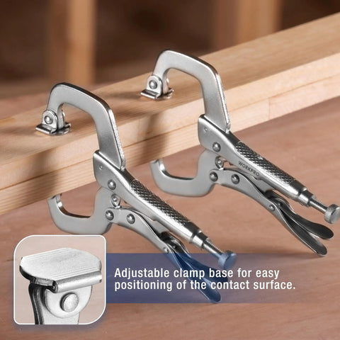 Two 6 Inch Locking C Clamp With Swivel Pads heavy duty adjustable vise grip pliers clamping a wooden board in workshop