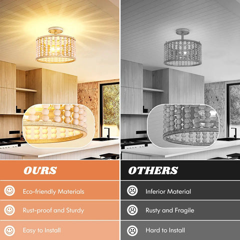 Oak Wood Beaded Chandelier Farmhouse Boho Flush Mount Light With Rustic Charm Two Lights E26 Base compared with competitors