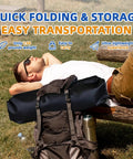 Person relaxing outdoors with a backpack and a rolled up collapsible item, highlighting easy transport and lightweight features.