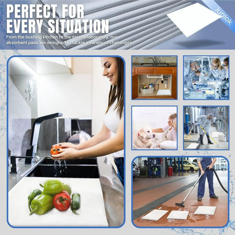Collage of 10 Pack Water Absorbent Mats 13.8 By 15.8 Inch Reusable Pads for various home and professional uses, soaking spills.