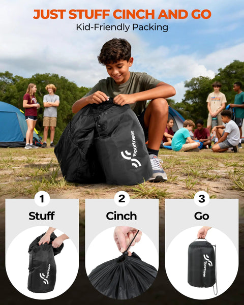 Boy packing All Season Sleeping Bag For Adults And Kids Waterproof And Lightweight Compact Camping Gear For Hiking and Travel