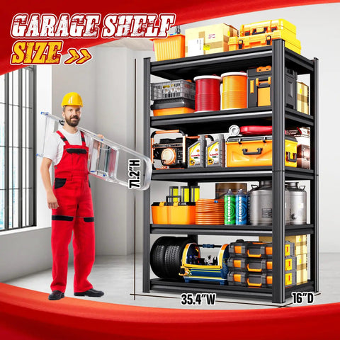Heavy Duty Metal Garage Shelving Unit, 5-Tier, Built Tough For Tools And Gear, 71.2 In High By 35.4 In Wide By 16 In Deep displayed