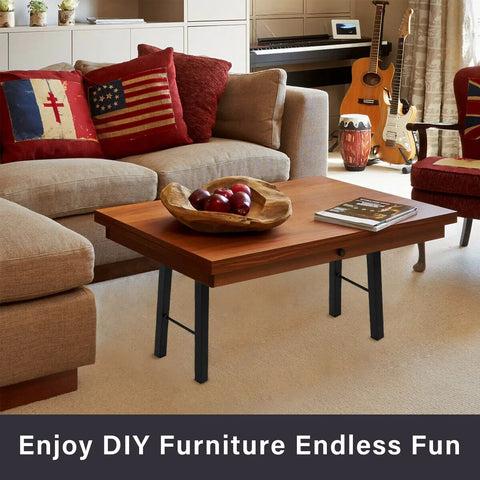 Living room with coffee table using Beefy Heavy Duty 16 Inch Metal Table And Bench Legs Set Of 2 Black Powder Coated Steel Supports.