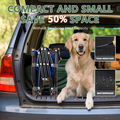 Collapsible Folding Wagon With Tailgate For 300lbs Heavy Duty Load in car trunk, dog beside, showing tear-resistant fabric, blue.