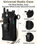 Rugged Radio Holster Set With Adjustable Wide Reflective Strap, showing nylon pouch, elastic cord, and safety buckle