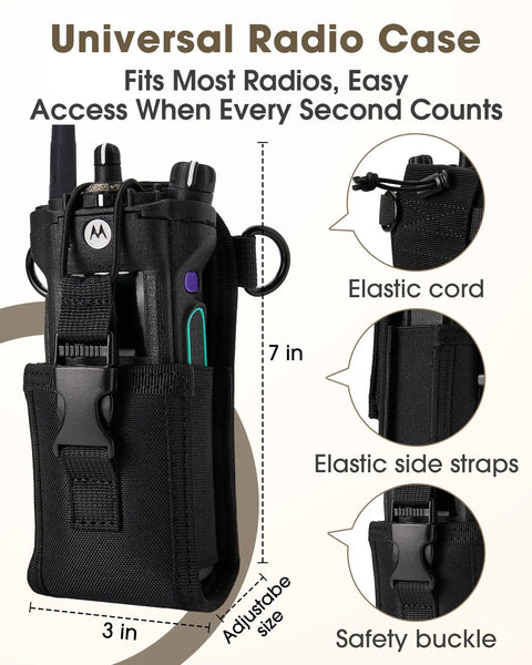 Rugged Radio Holster Set With Adjustable Wide Reflective Strap, showing nylon pouch, elastic cord, and safety buckle