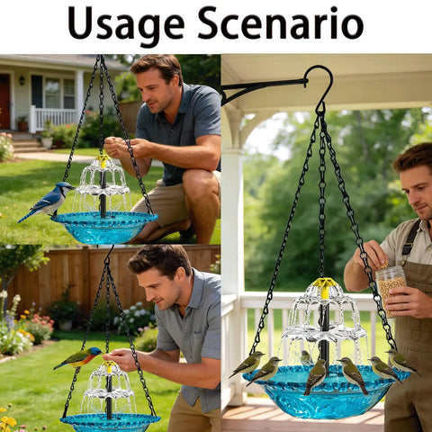 Solar Bird Bath Fountain With Hanging Cascade Water Bowl And Pump Outdoor Garden Decor For Hummingbirds Easy Sun Powered Water Feature That Runs On Direct Sunlight No Batteries Needed Blue