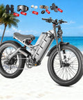 Badass Electric Bike For Adults With 3000w Motor And 42 Mph Speed Powered By 60v Dual 70ah Battery Giving 100 To 200 Mile Range With 26 Inch Fat Tires And Full Suspension Ripping Through Nasty Trails Daily on sandy beach with palm trees.