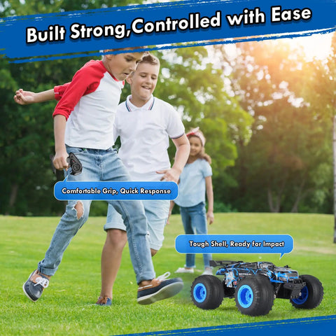 Kids playing with All Terrain 1:18 RC Car With LED Lights 2WD in park, showcasing durable PVC shell and anti-skid tires.