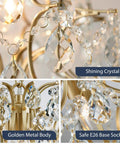 Close-up of Top Tier Gold Crystal Raindrop Pendant Chandelier Featuring Durable Glass Tubes and Adjustable Chain, E26 socket.