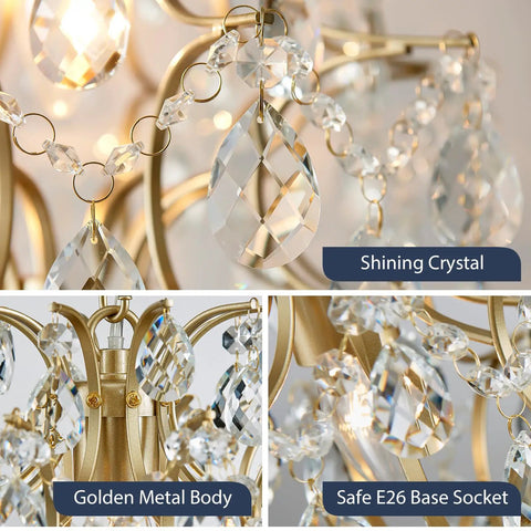 Close-up of Top Tier Gold Crystal Raindrop Pendant Chandelier Featuring Durable Glass Tubes and Adjustable Chain, E26 socket.