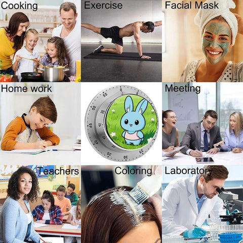 Collage with activities and Colorful Meadow Rabbit Countdown Timer for Kitchen and Classroom All In One Timekeeper center